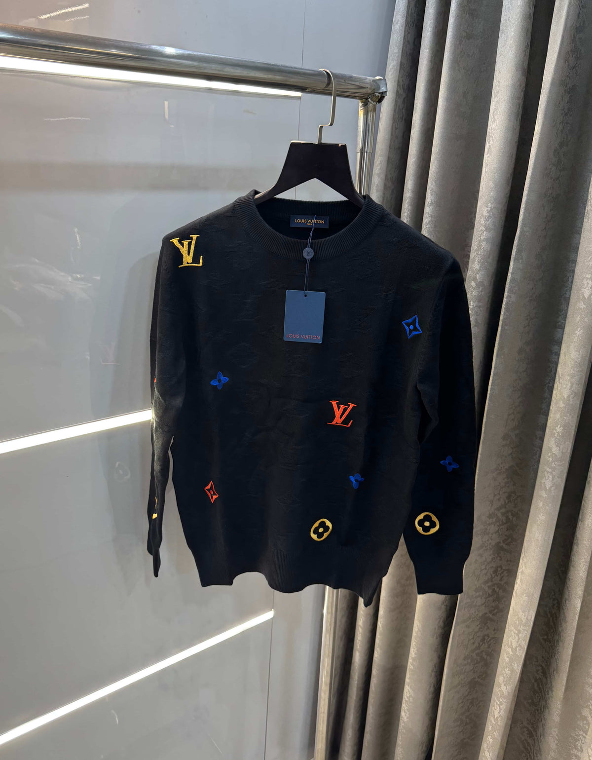 Louis Vuitton Black Embroidery Logo Imported Knitted Pull Over