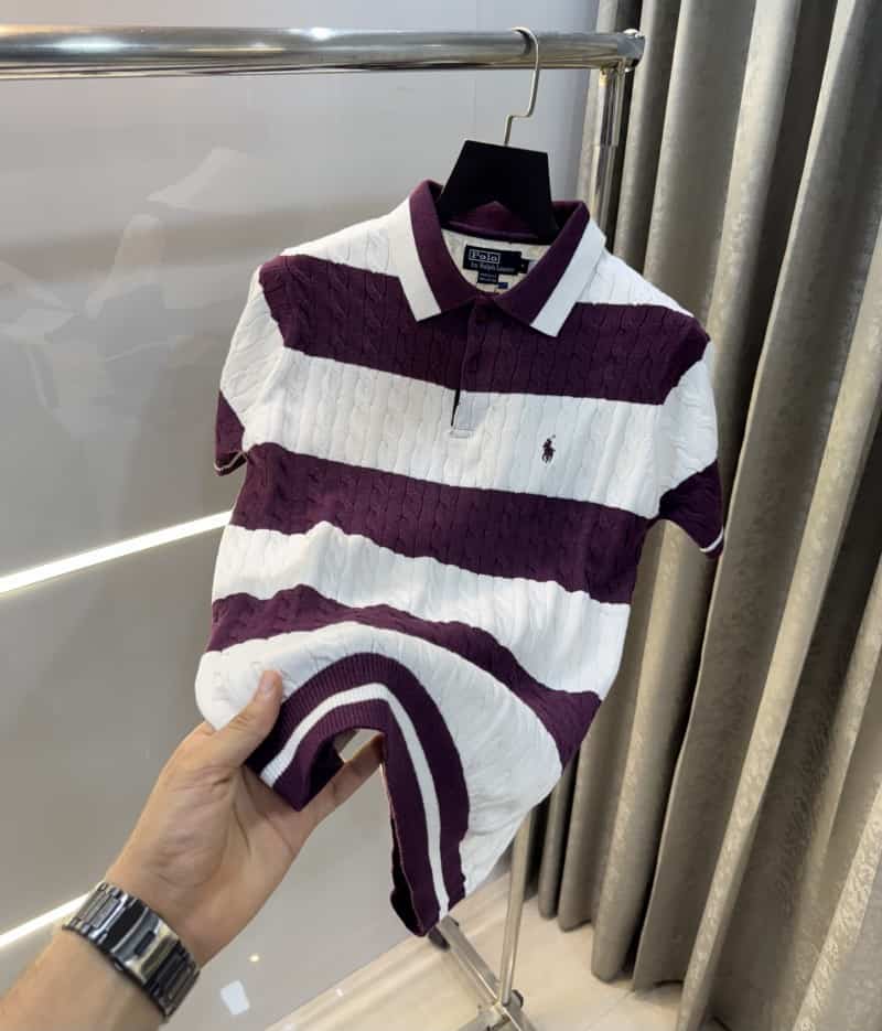 Ralph  Lauren Wine Stripes Premium Knitted Polo T-Shirt