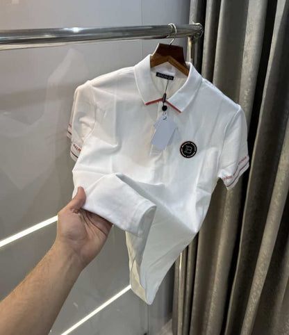 Balmai n Paris White Steel Logo Imported Polo T-Shirt