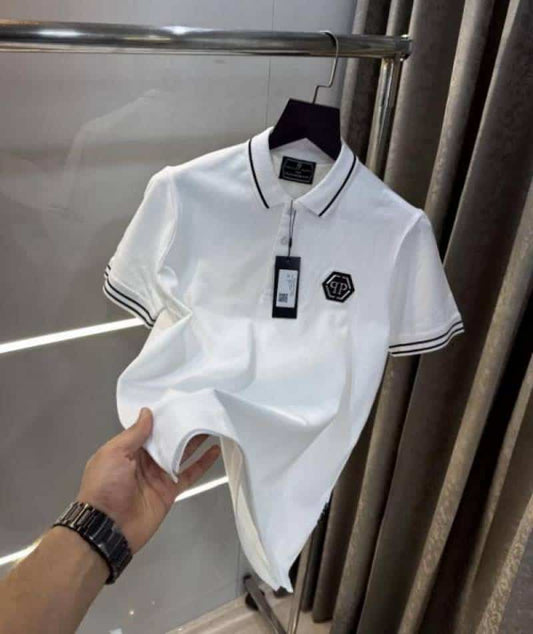 Philip Plein White Metal Logo Imported Polo T-Shirt