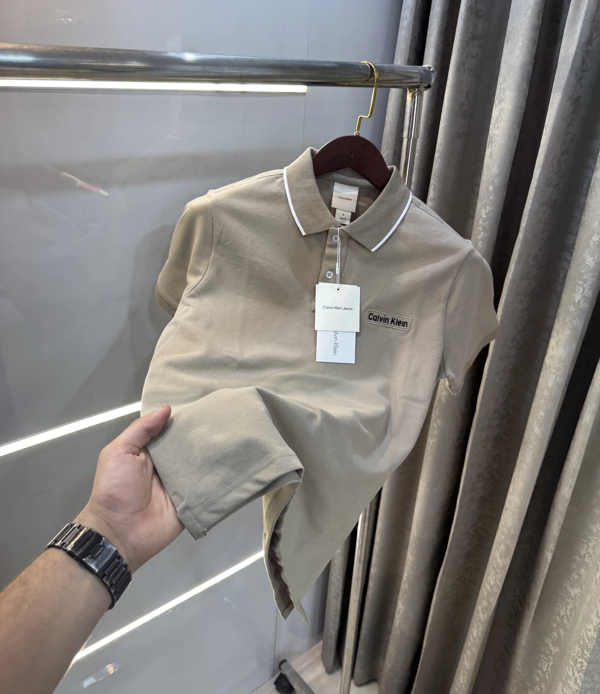 Calvin Klein Beige Logo Work Premium Polo T-Shirt