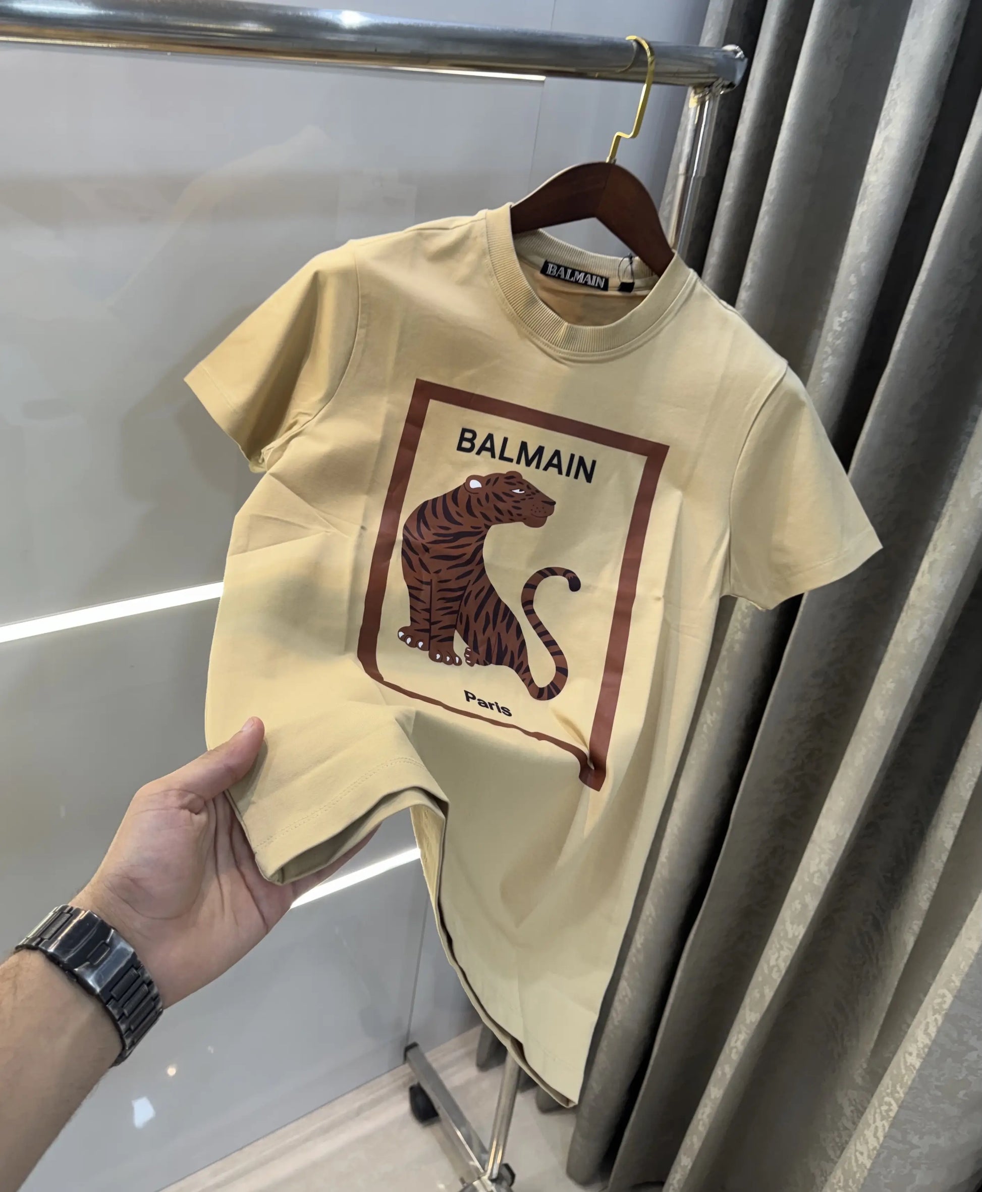 Balmain Paris Khakhi Logo Work Premium T-Shirt