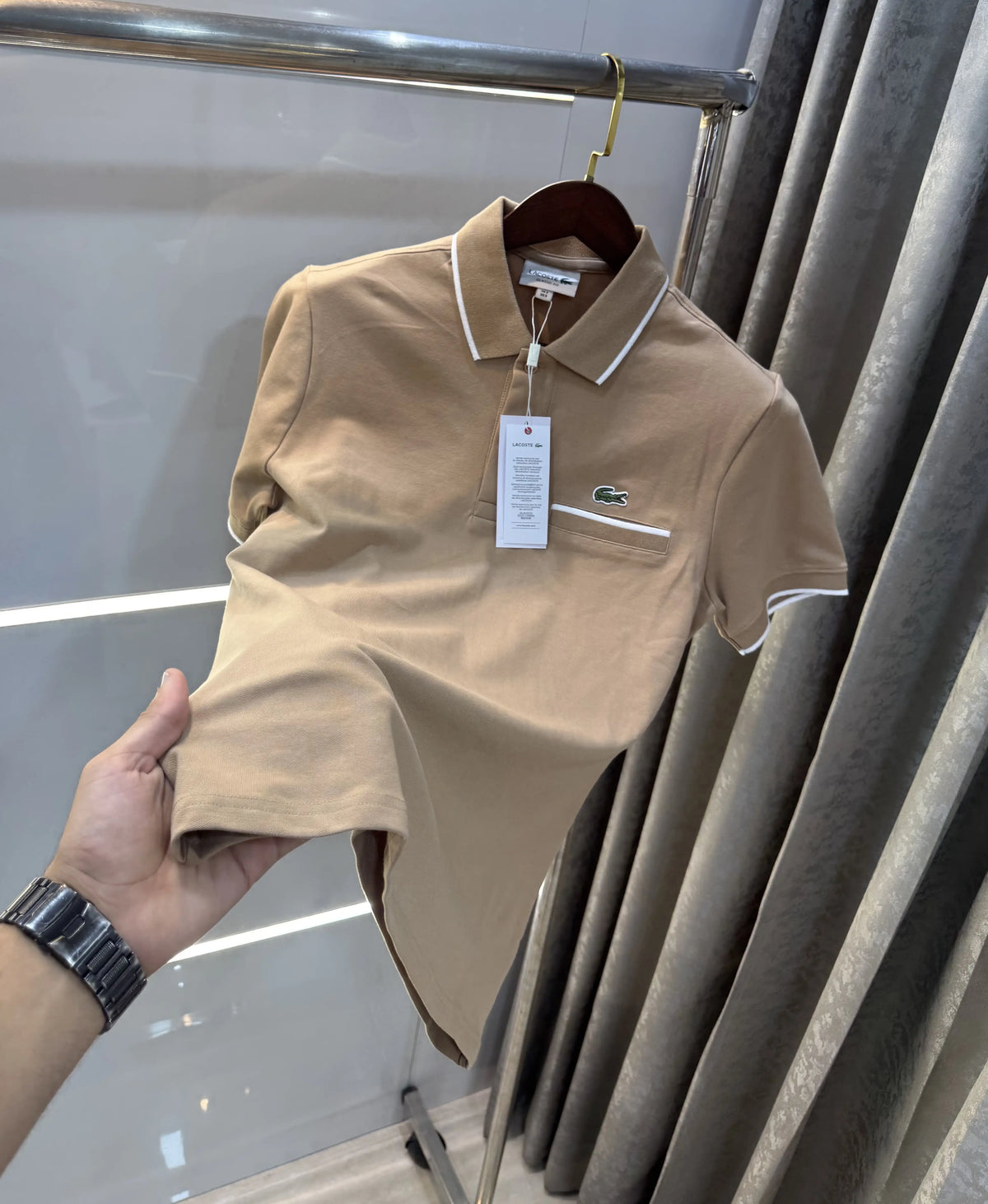 Lacost e Beige Embroidery Logo Premium Polo T-Shirt